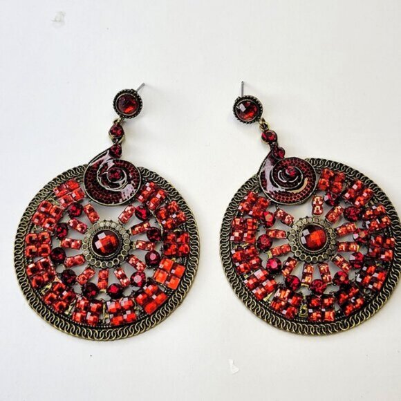 Red Rhinestone Circular Statement Earrings - Picture 1 of 8